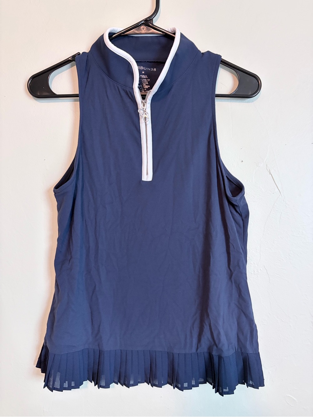 Carbon38 Navy Sleeveless Zip-Front Pleated Hem Tank